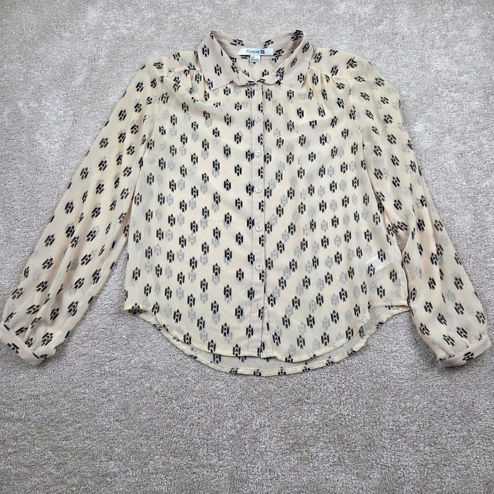 Forever 21 Blouse Cream Black Ikat Print Sheer Long Sleeve Button Down Top